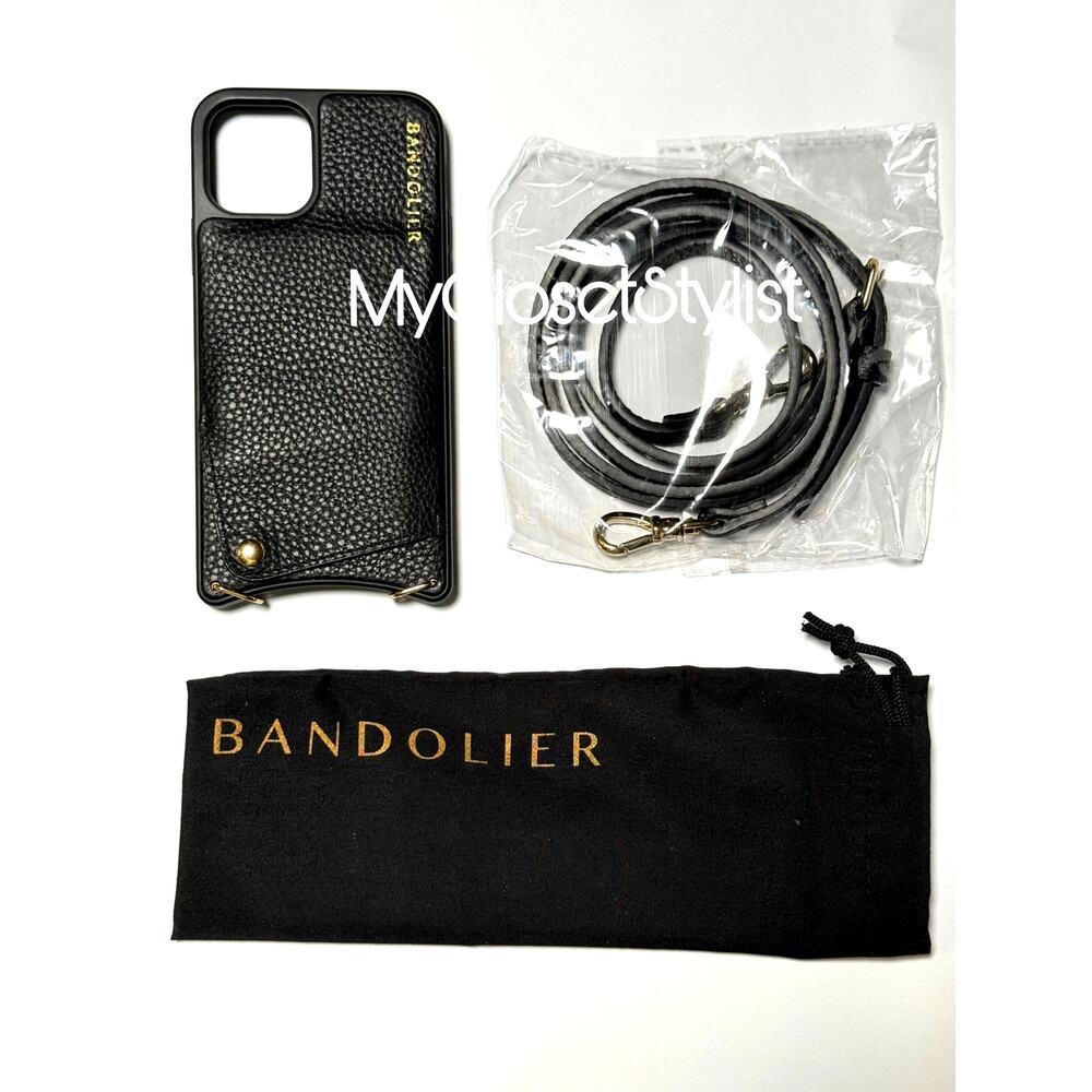 Bandolier 11Pro Black Leather iPhone Crossbody Strap Case NEW SET Gold OR Pewter - Picture 4 of 12
